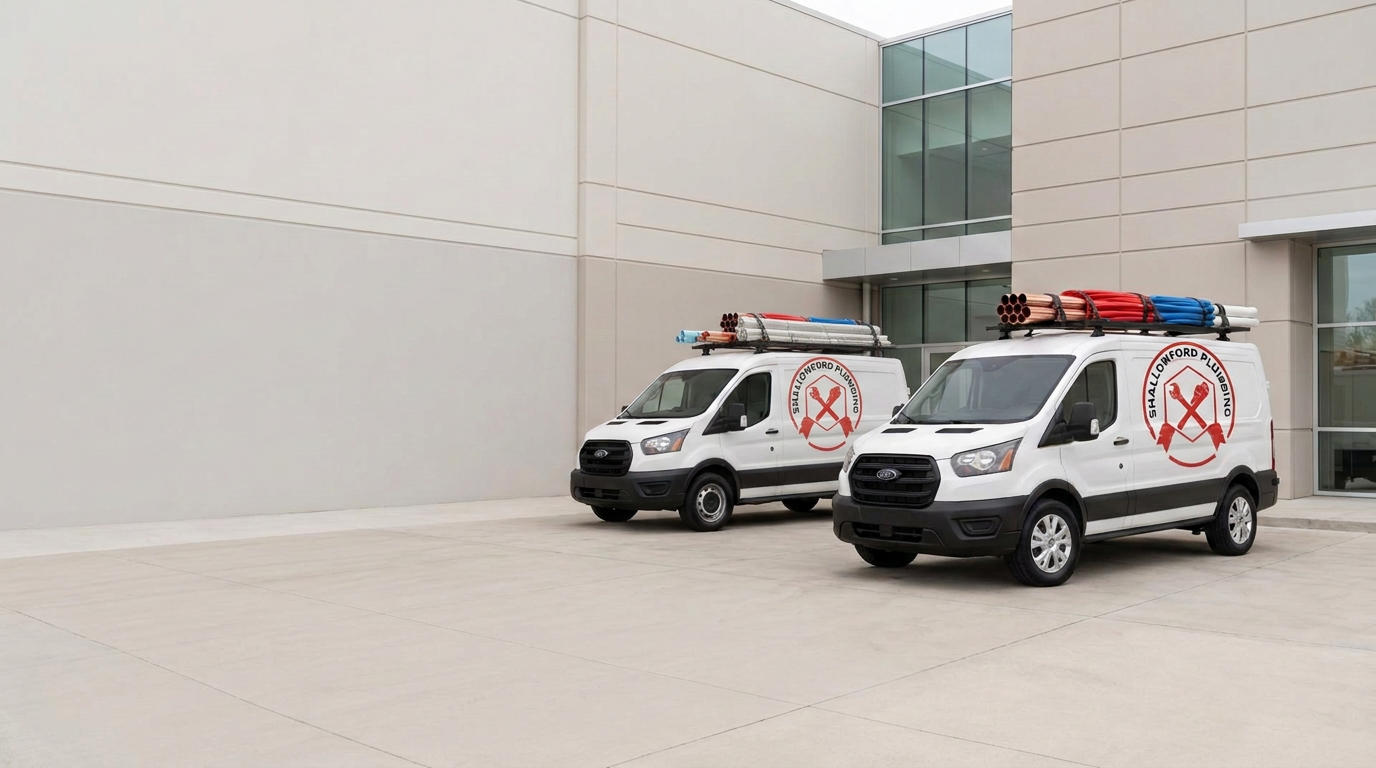 Two Shallowford Plumbing service vans with copper and PEX pipe racks parked at a commercial building