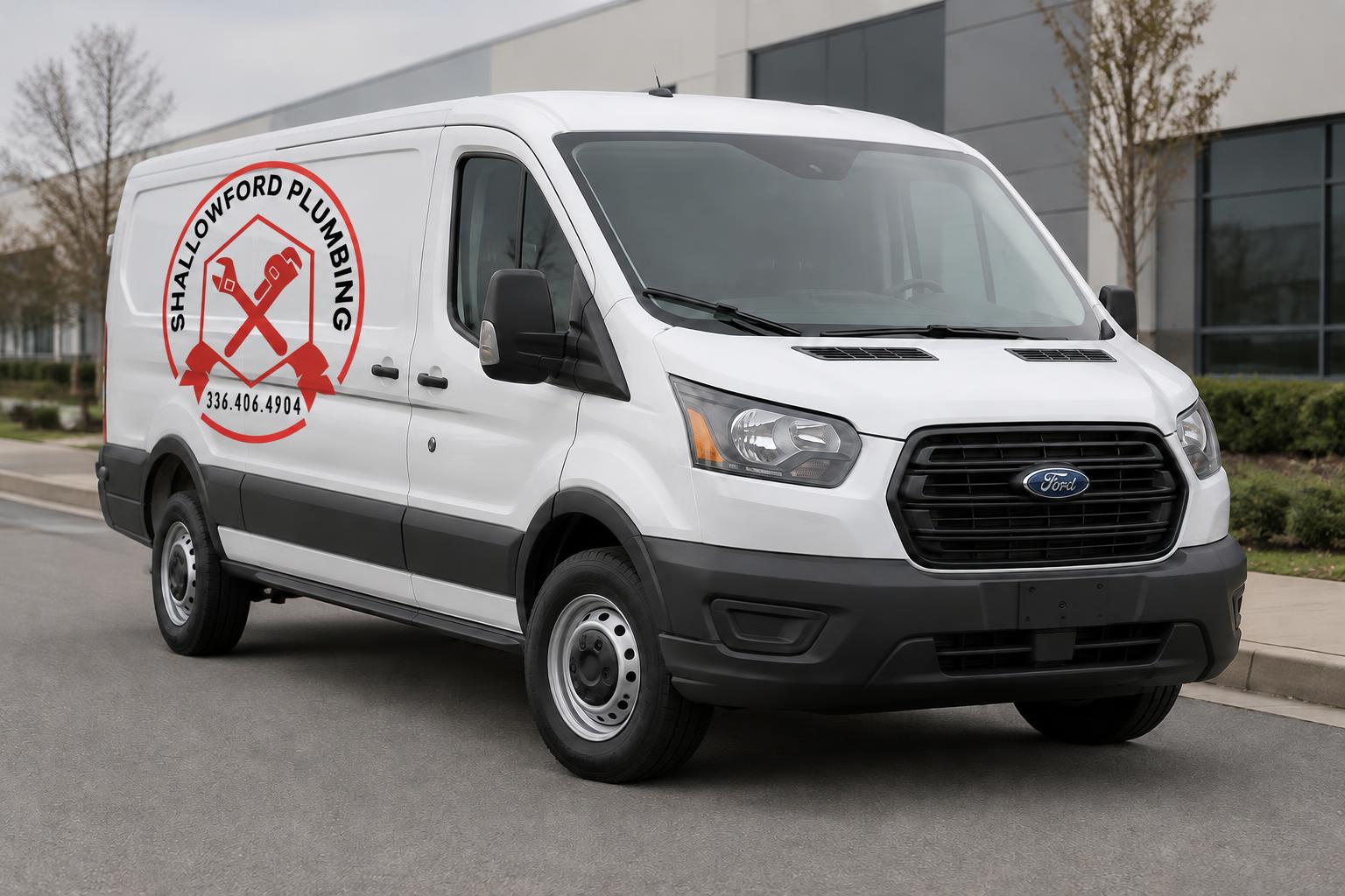 White Shallowford Plumbing service van with the company logo on the side